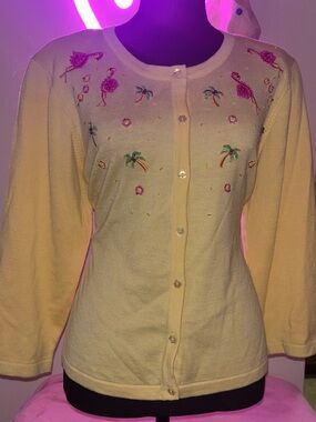 Embroidered Jack B. Quick Yellow Flamingo Palm Tree Cardigan Sweater XL cute